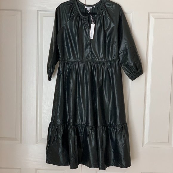 CHICO’S FAUX LEATHER MIDI TIERED DRESS WITH SLEEVES - Picture 6 of 16